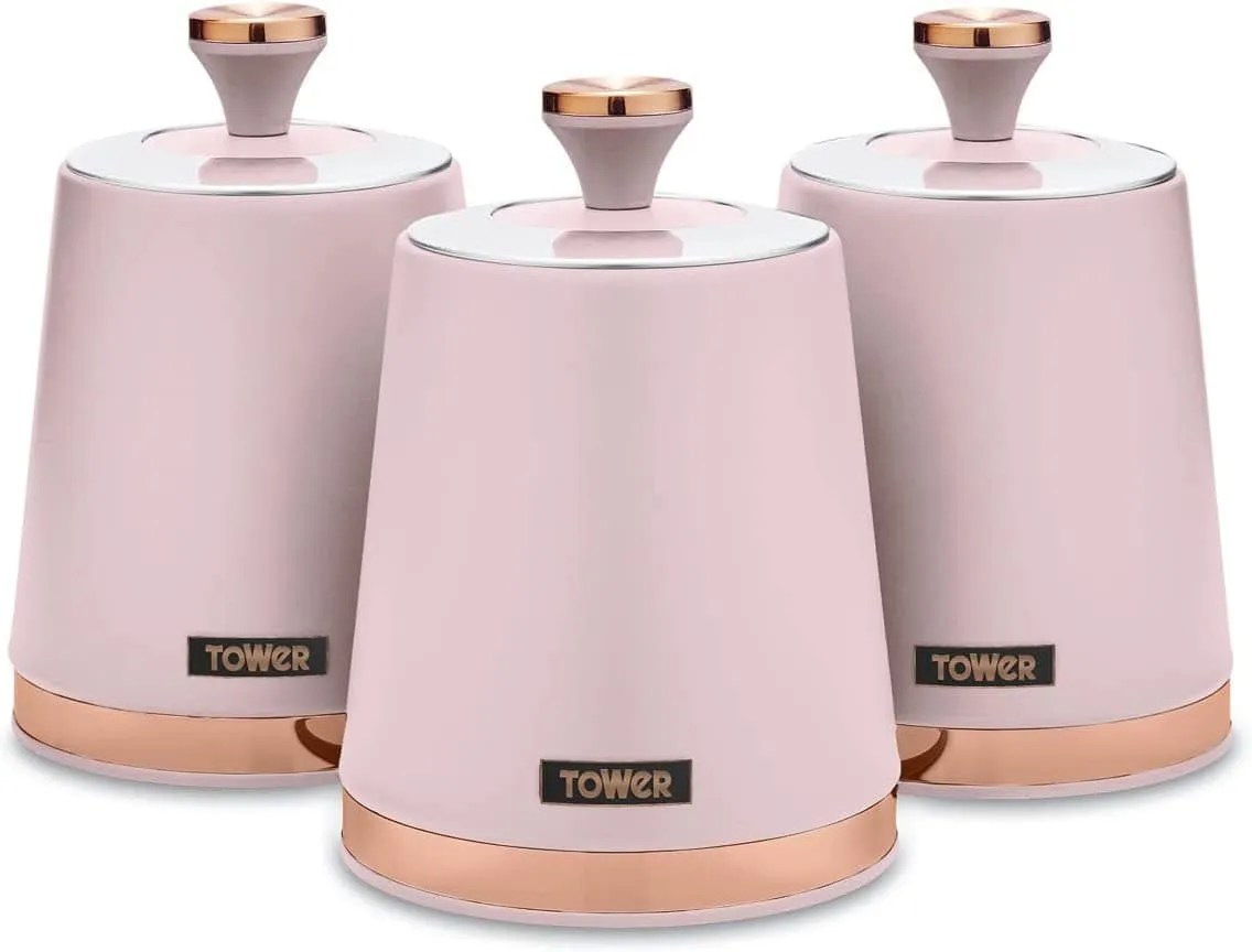 Pink storage canisters for tea, coffee and sugar