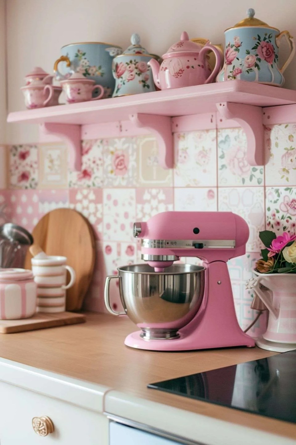 pink kitchen cake mixer with a pink shelf and tea pots sat on it