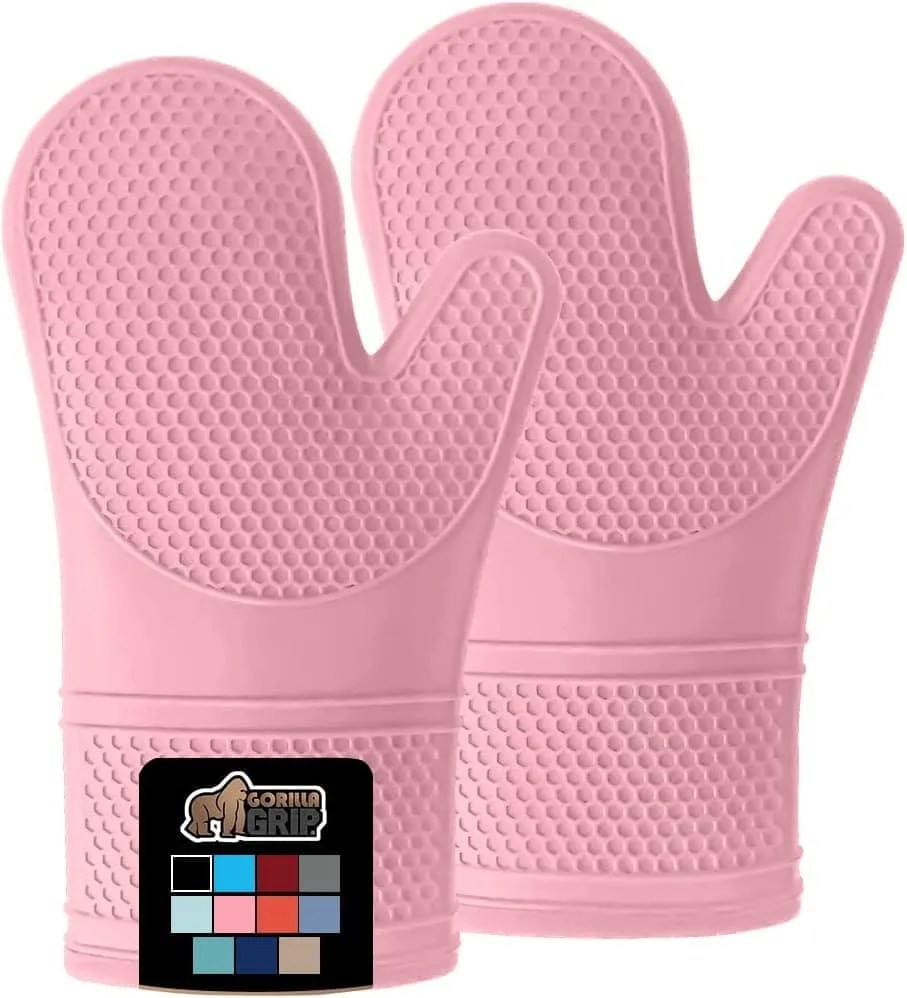 pink silicone oven mitts