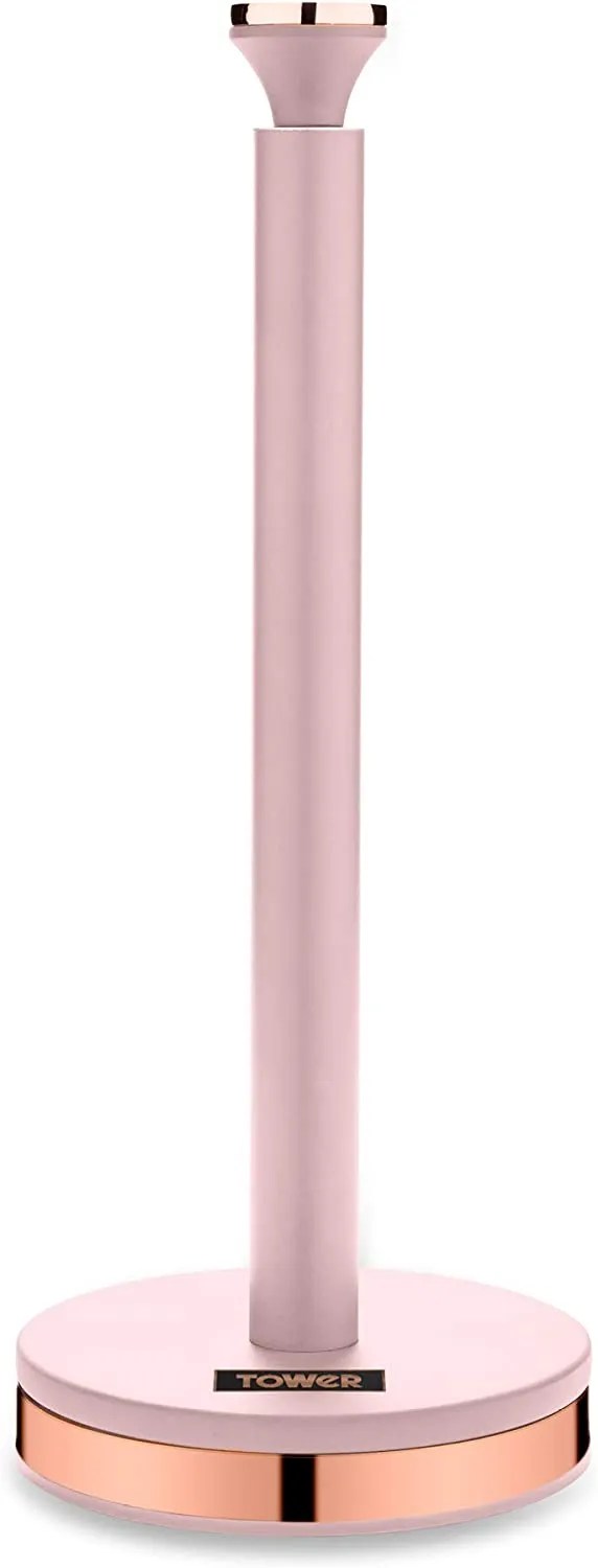 pink kitchen roll holder with rose gold base