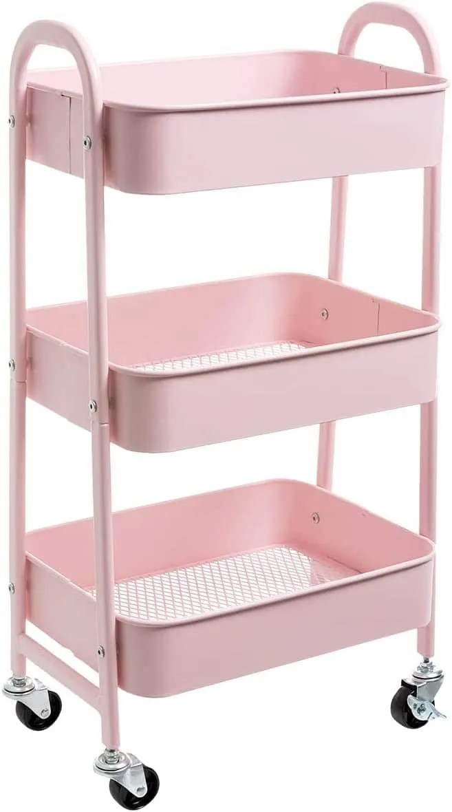 Pink 3 tier metal trolley on wheels for the kitchen