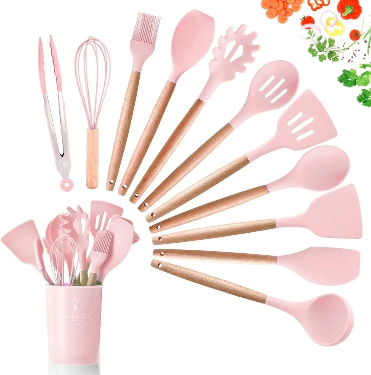 pink kitchen utensils with wooden handles from amazon