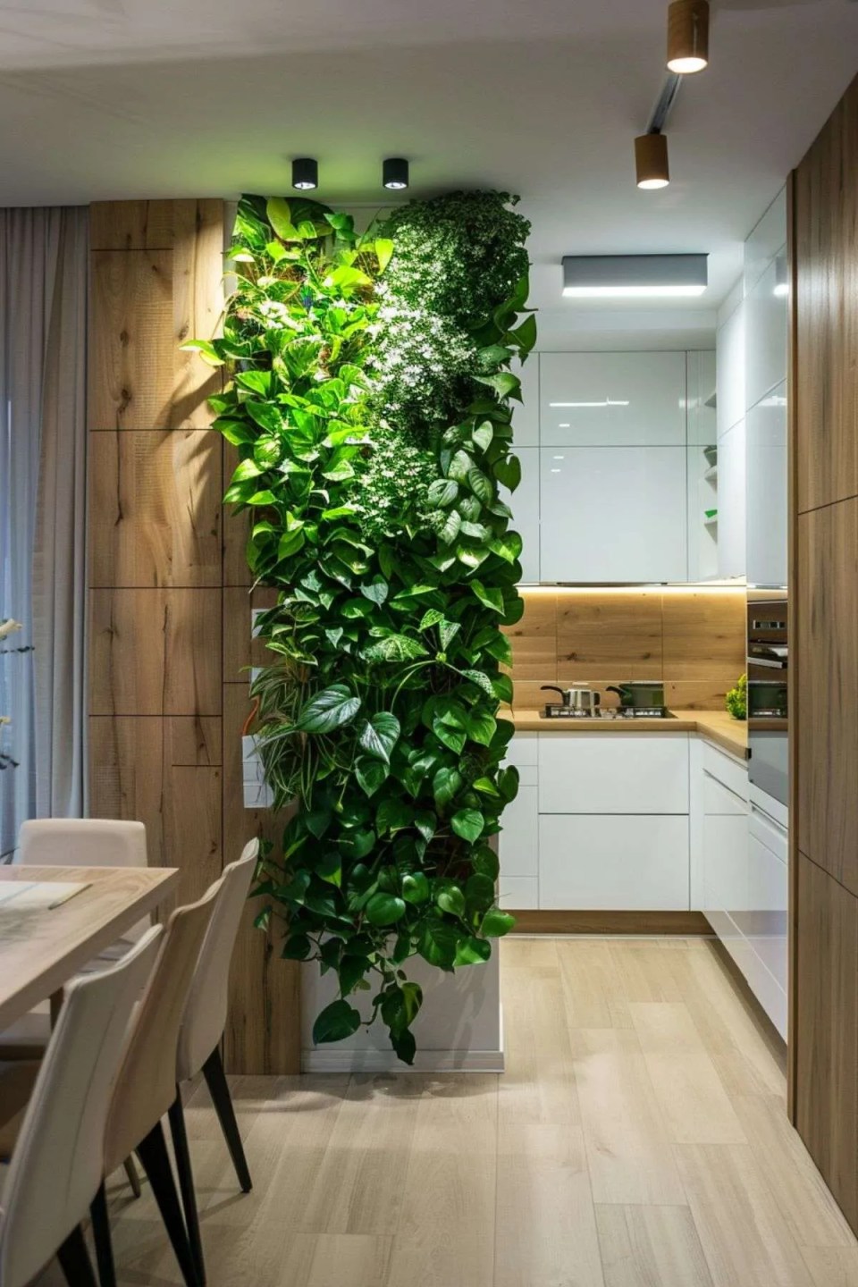 a vertical plant wall in the kitchen