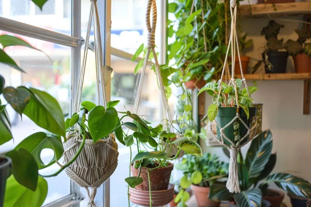 plants hanging in macrame hangers from a patio window