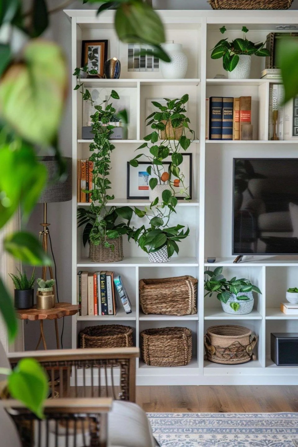 plants on a bookcase in a living room