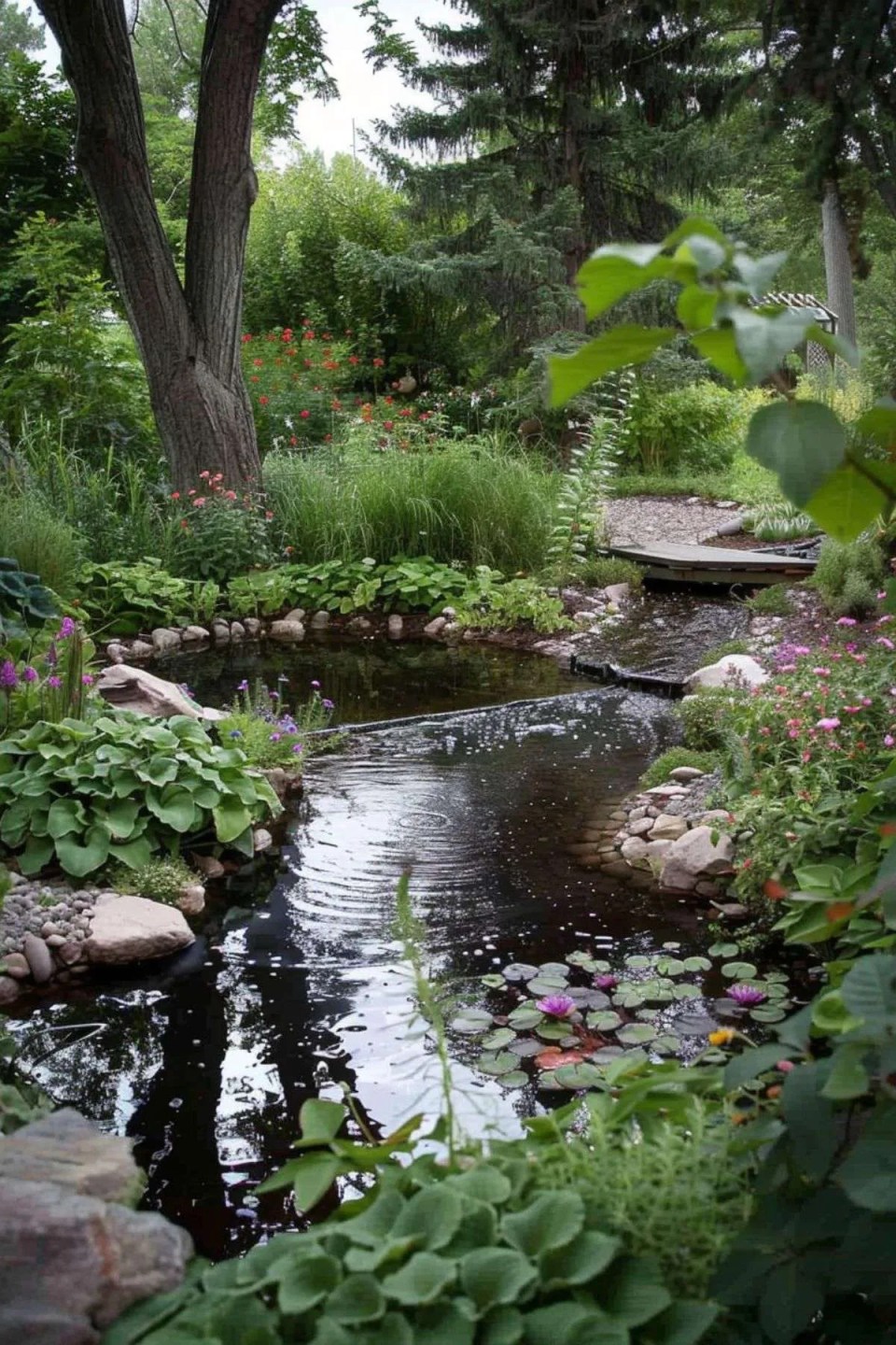 a garden with a small pond