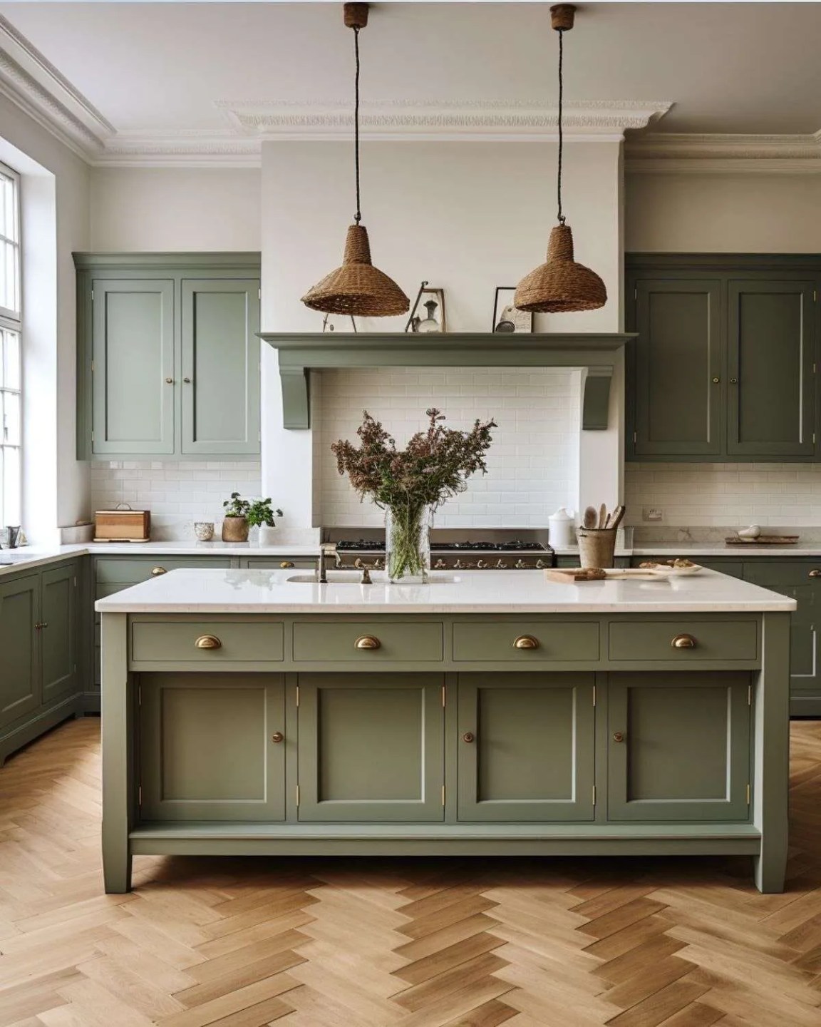 a sage green kitchen with marble countertops, island, parquet flooring and a large range