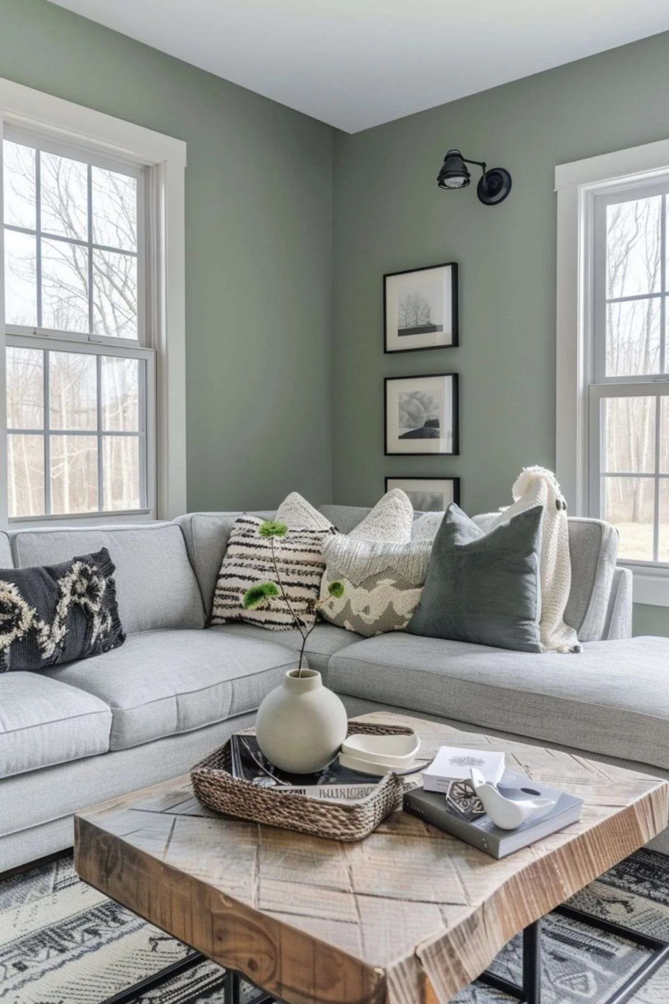 a sage green living room with lots of light