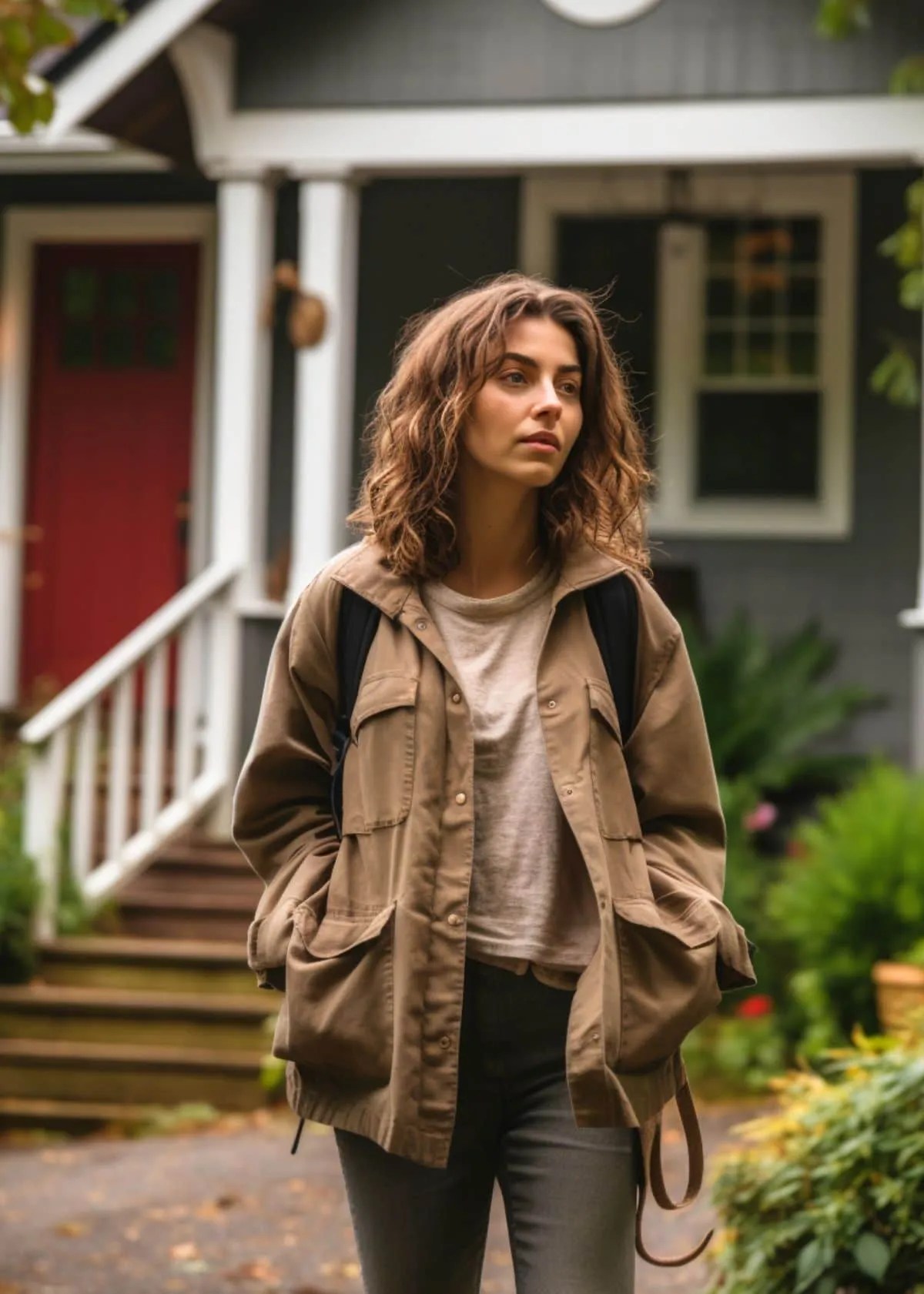 a woman wearing a shacket in the front of her house