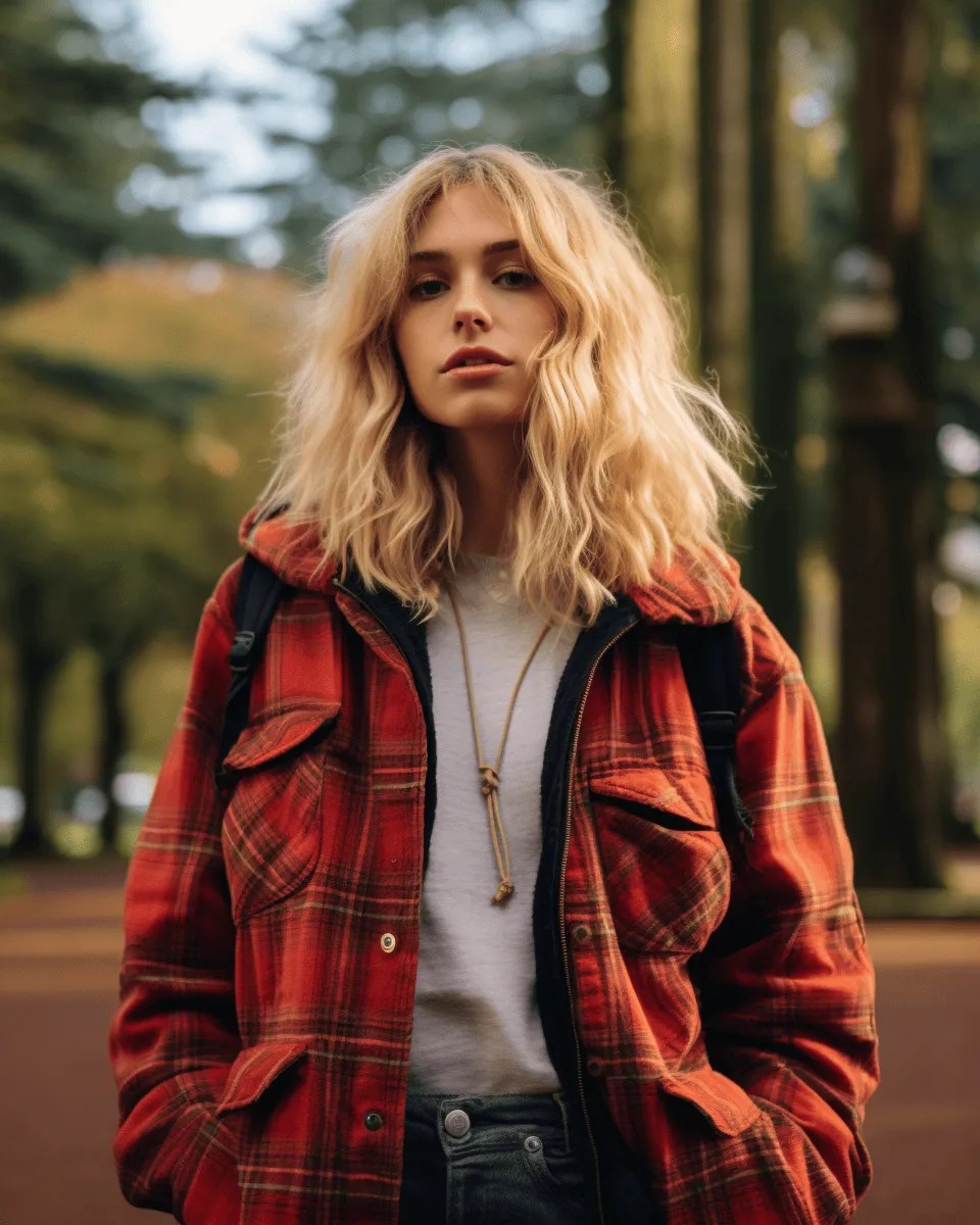 a blonde woman wearing a plaid shacket with a white t-shirt and necklace and jeans