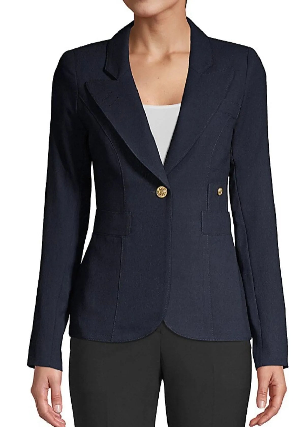 a navy cinched blazer with gold buttons