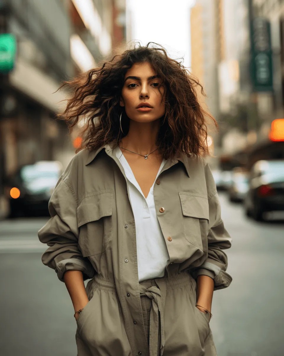 a woman wearing a khaki shacket walking down a street