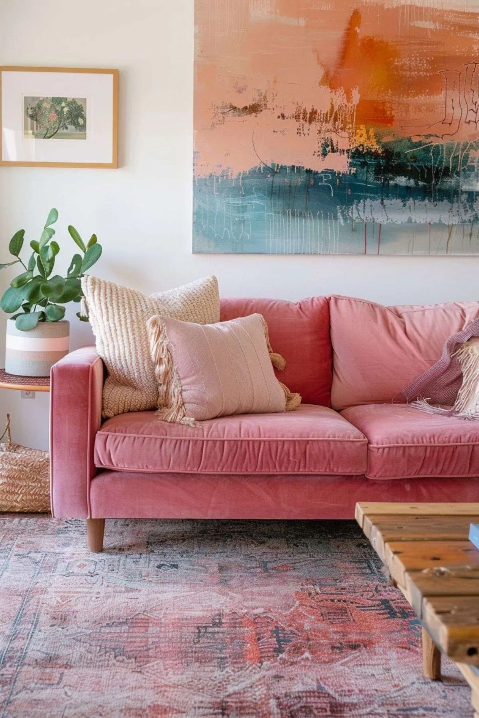 a velvet pink sofa in a living room with oak coffee table and pink rug