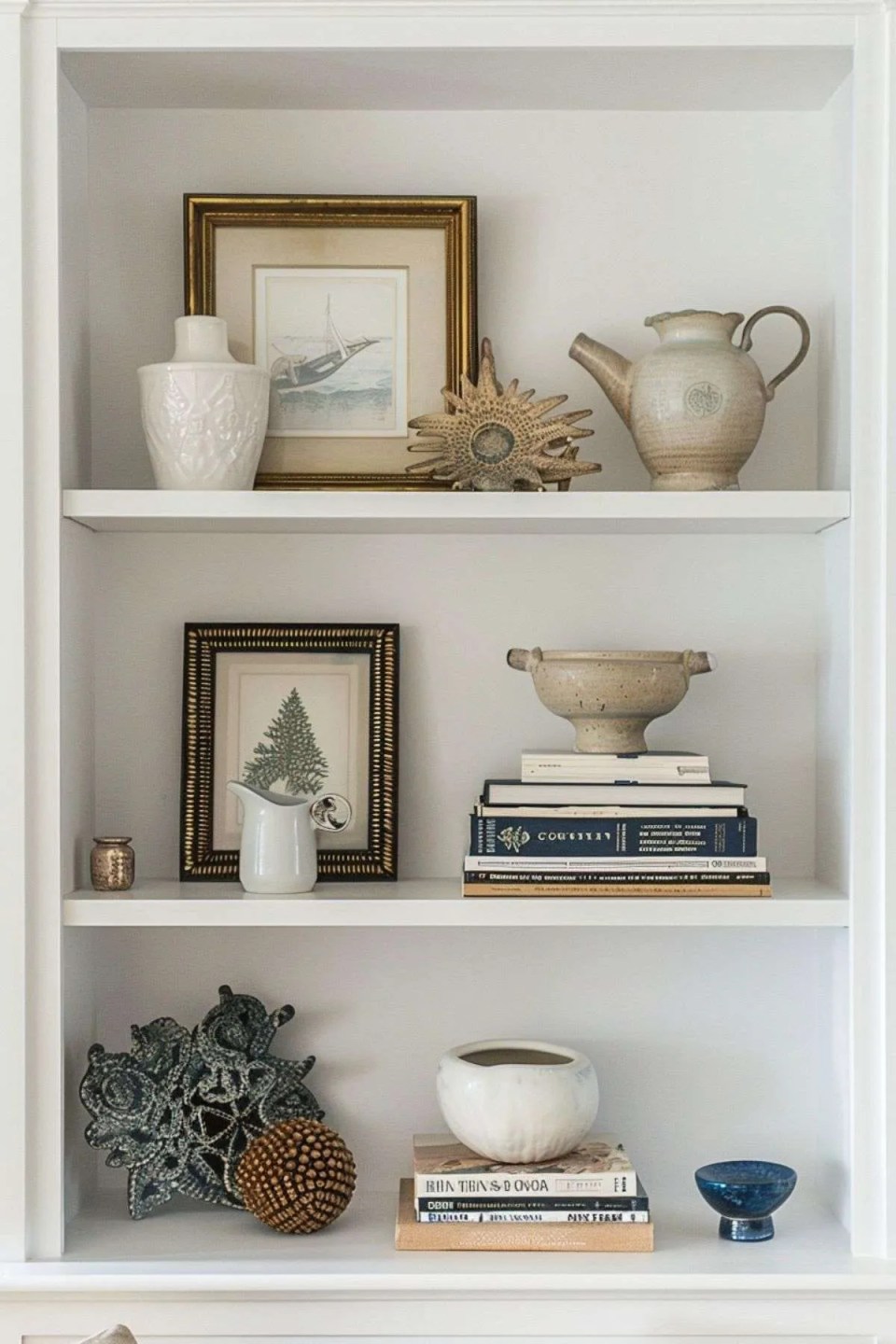 shelving with artisan products, artwork and pottery