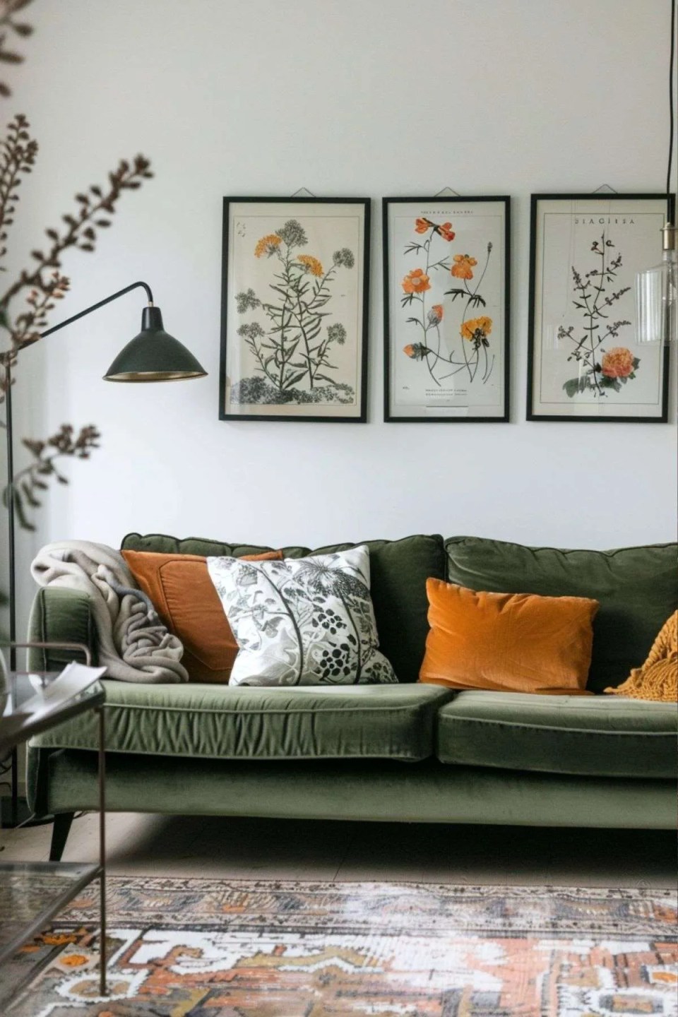 a living room with a green velvet sofa and botanical artwork