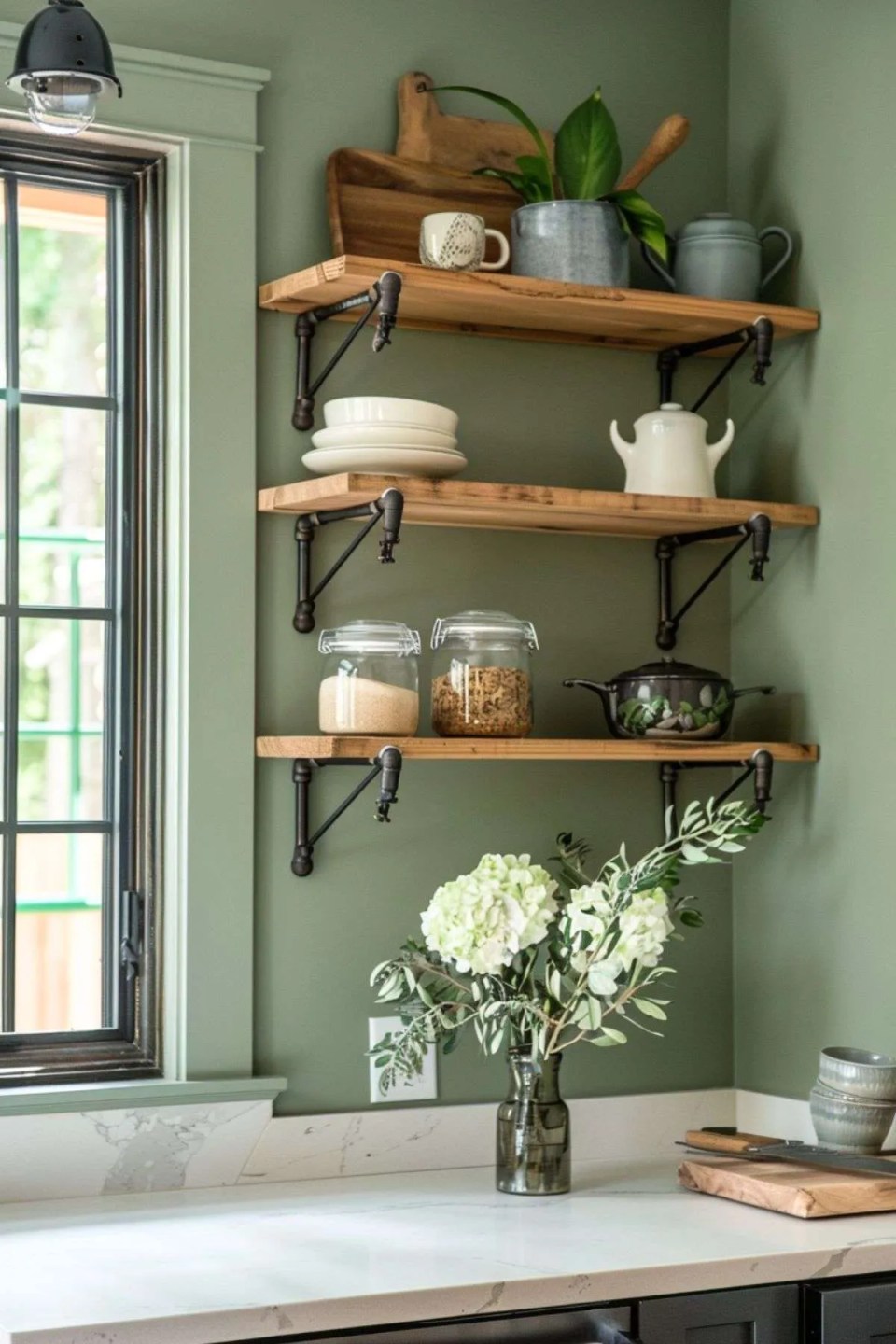 reclaimed shelving with piping brackets on a sage green wall