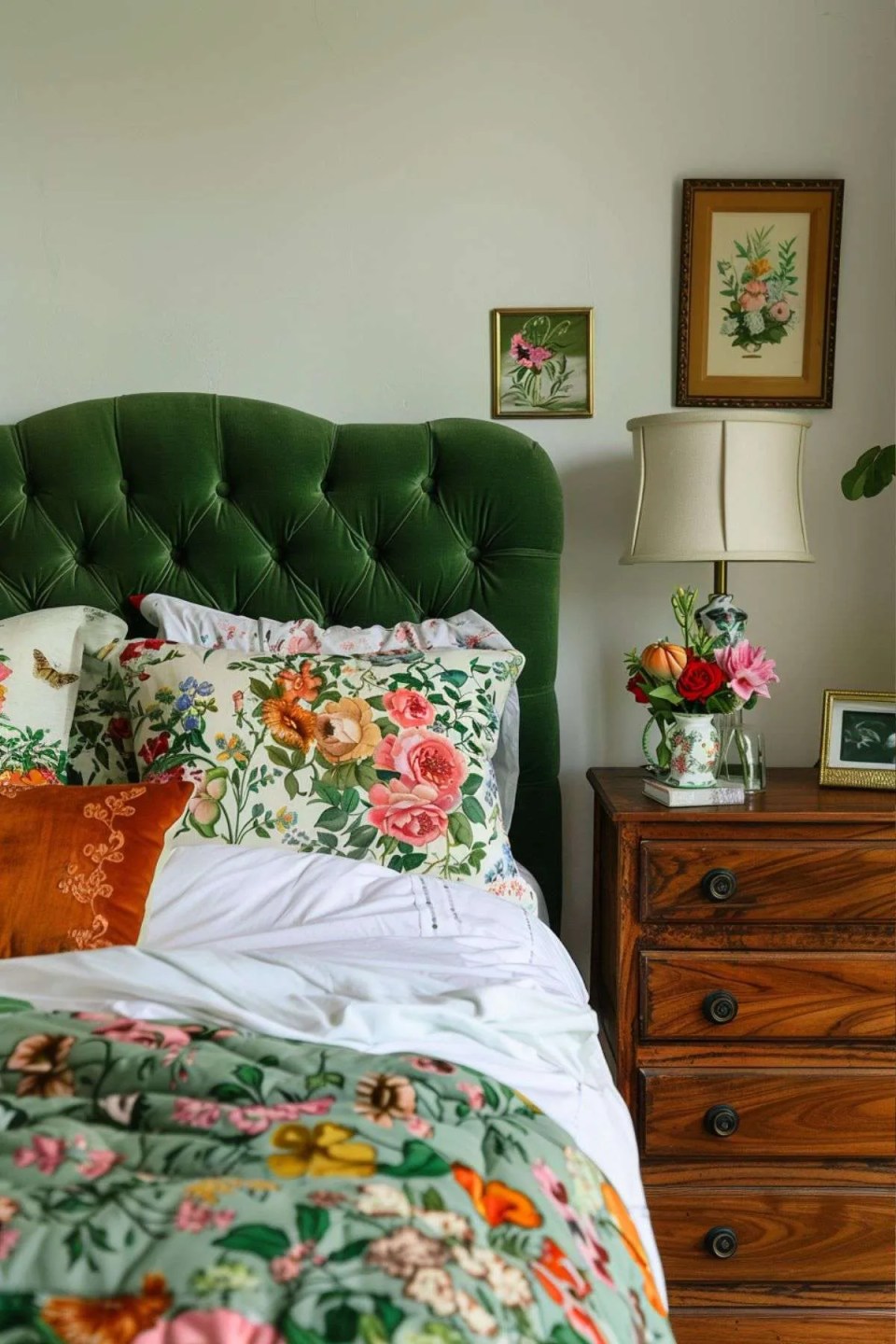 a green bedroom with vintage chest of drawers and floral bedding
