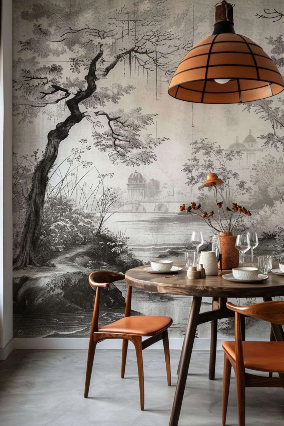 a dining room with wall mural and vintage table and chairs
