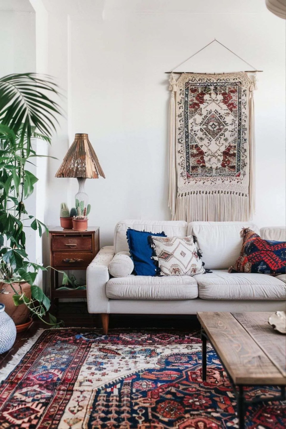 a room with cultural inspired decor, macrame hangings and persian rug