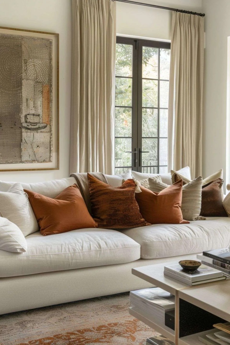 a neutral living room with rust and brown cushions
