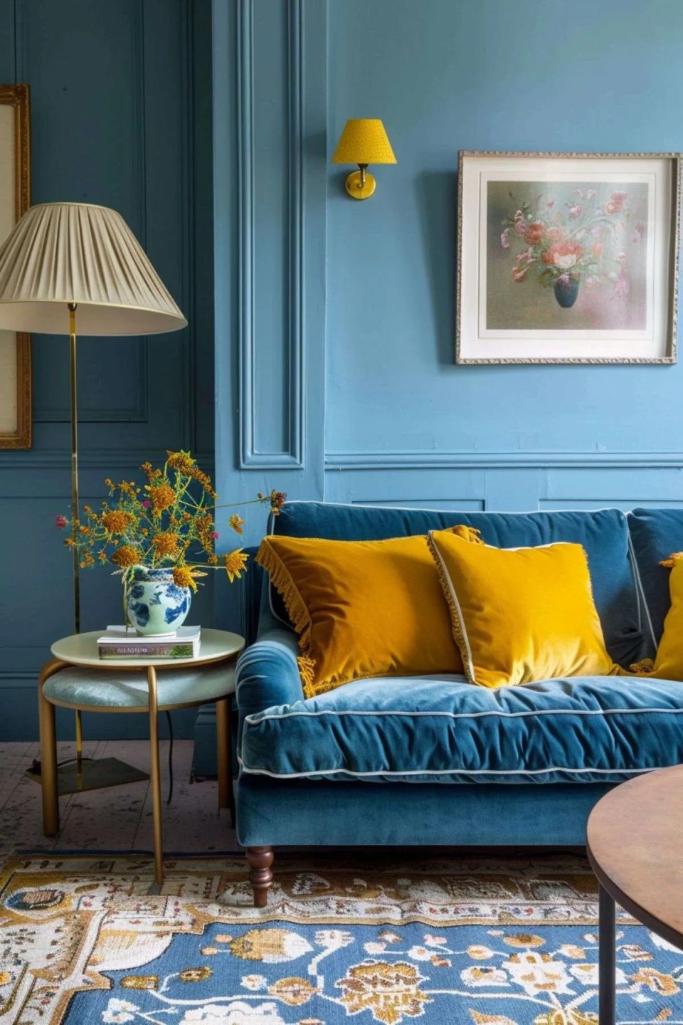 a living room with blue walls and mustard cushions