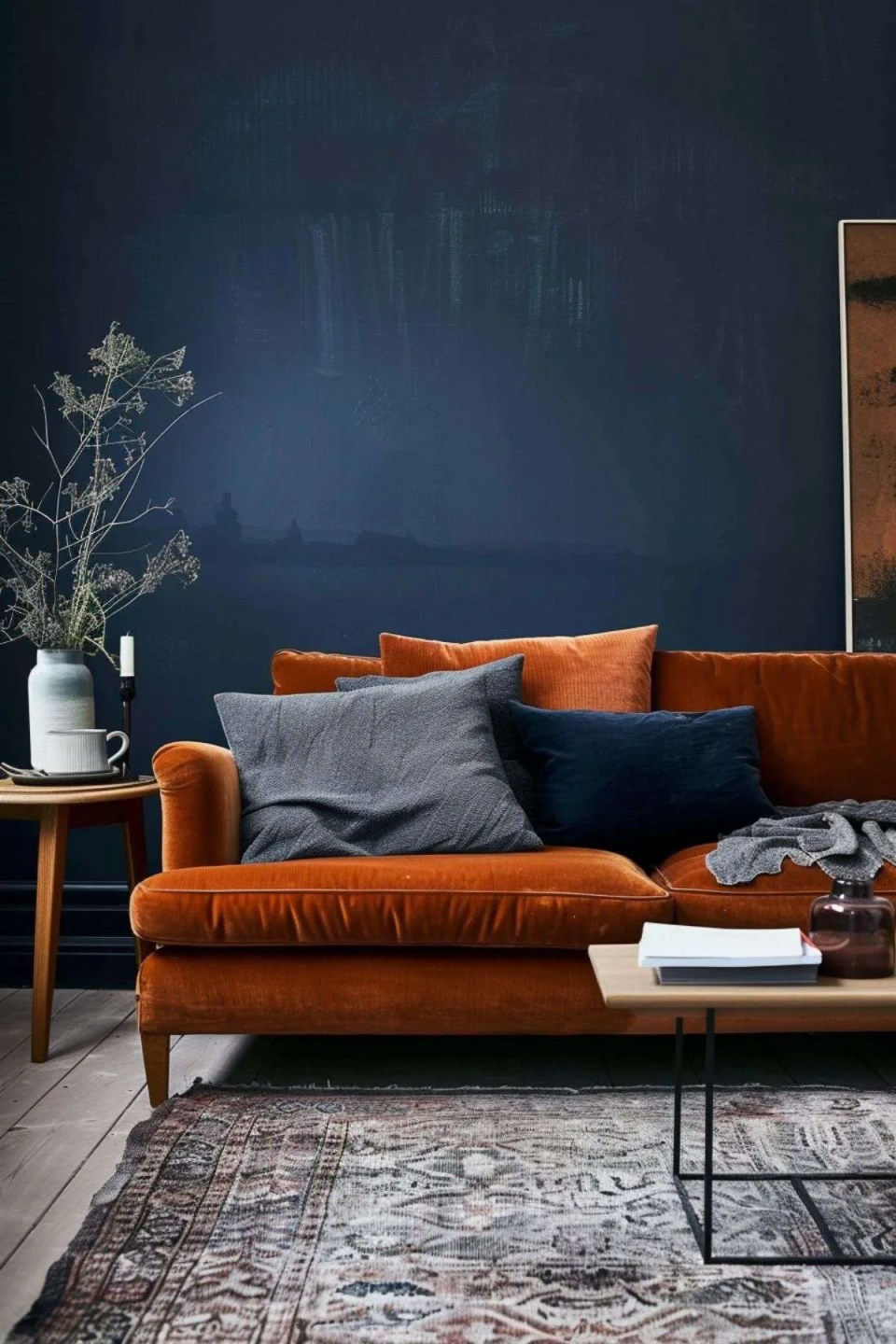 a dark blue living room with burnt orange velvet sofa