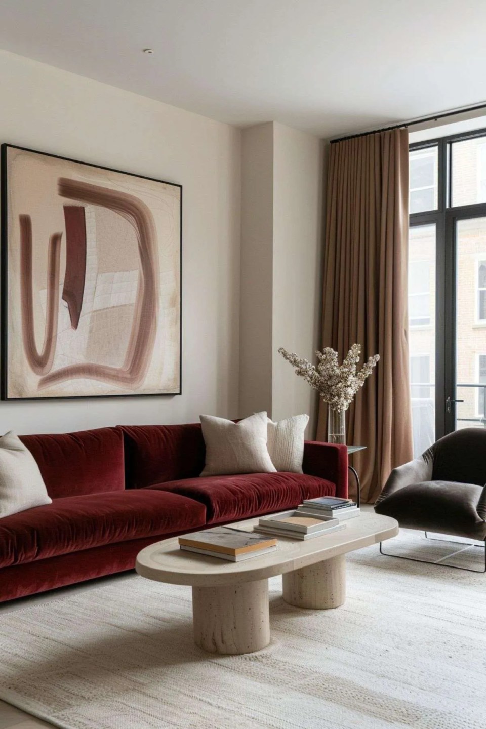 a red velvet sofa in a neutral living room