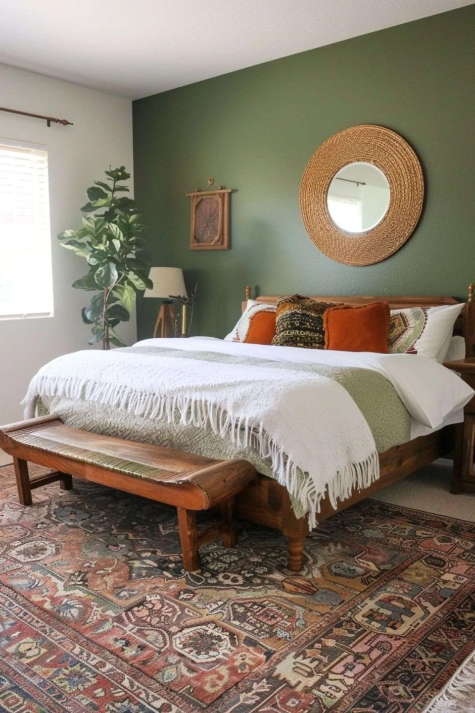a sage green bedroom with a red persian rug