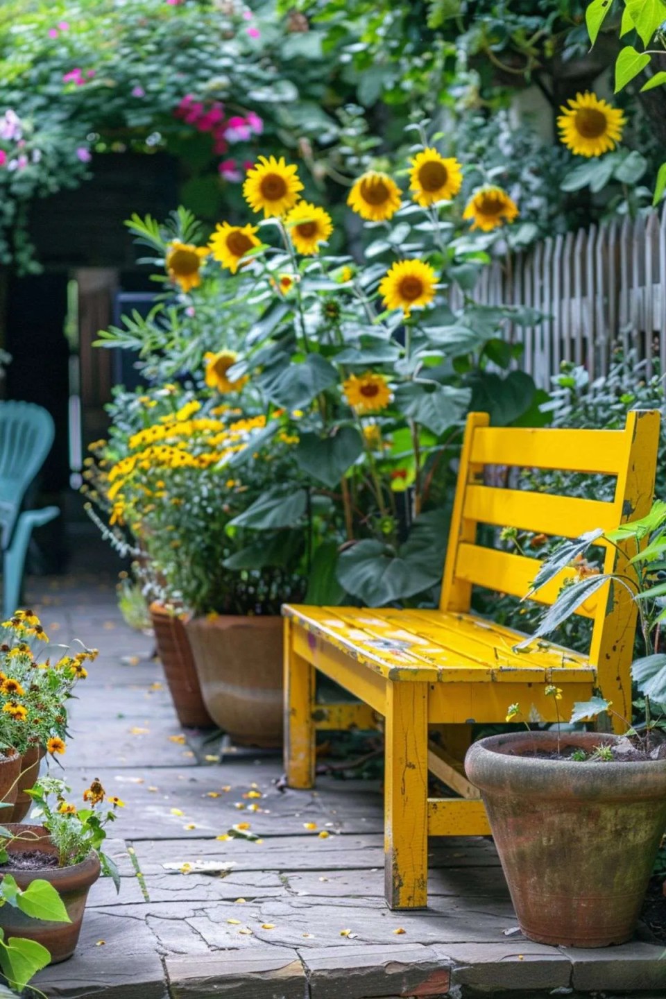 a garden with sunflowers and a yellow bench