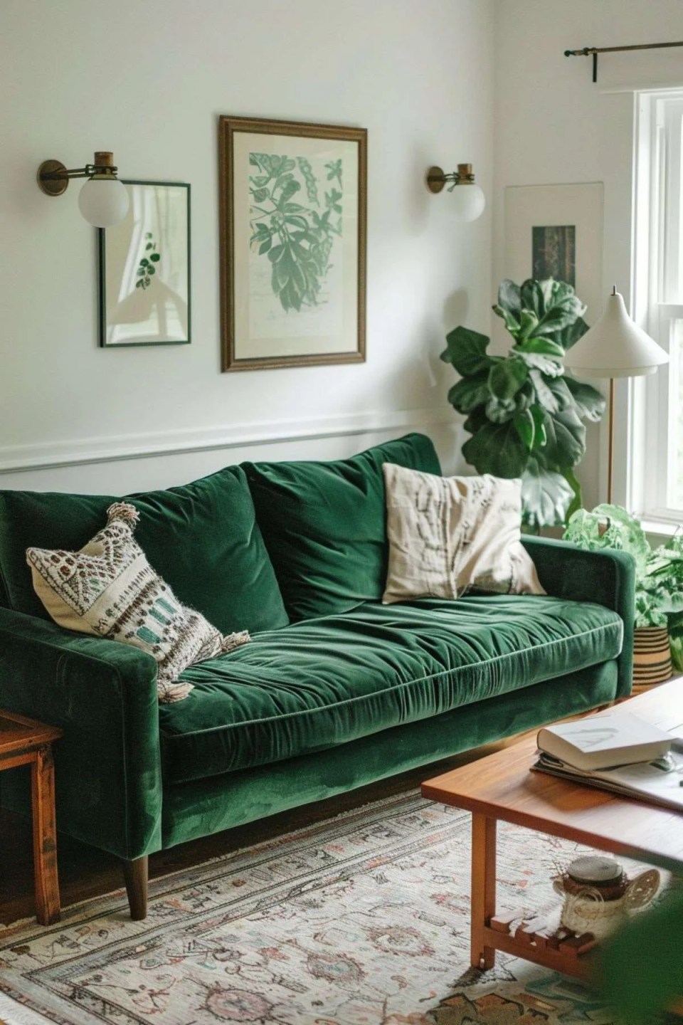a living room with dark green sofa and oak table