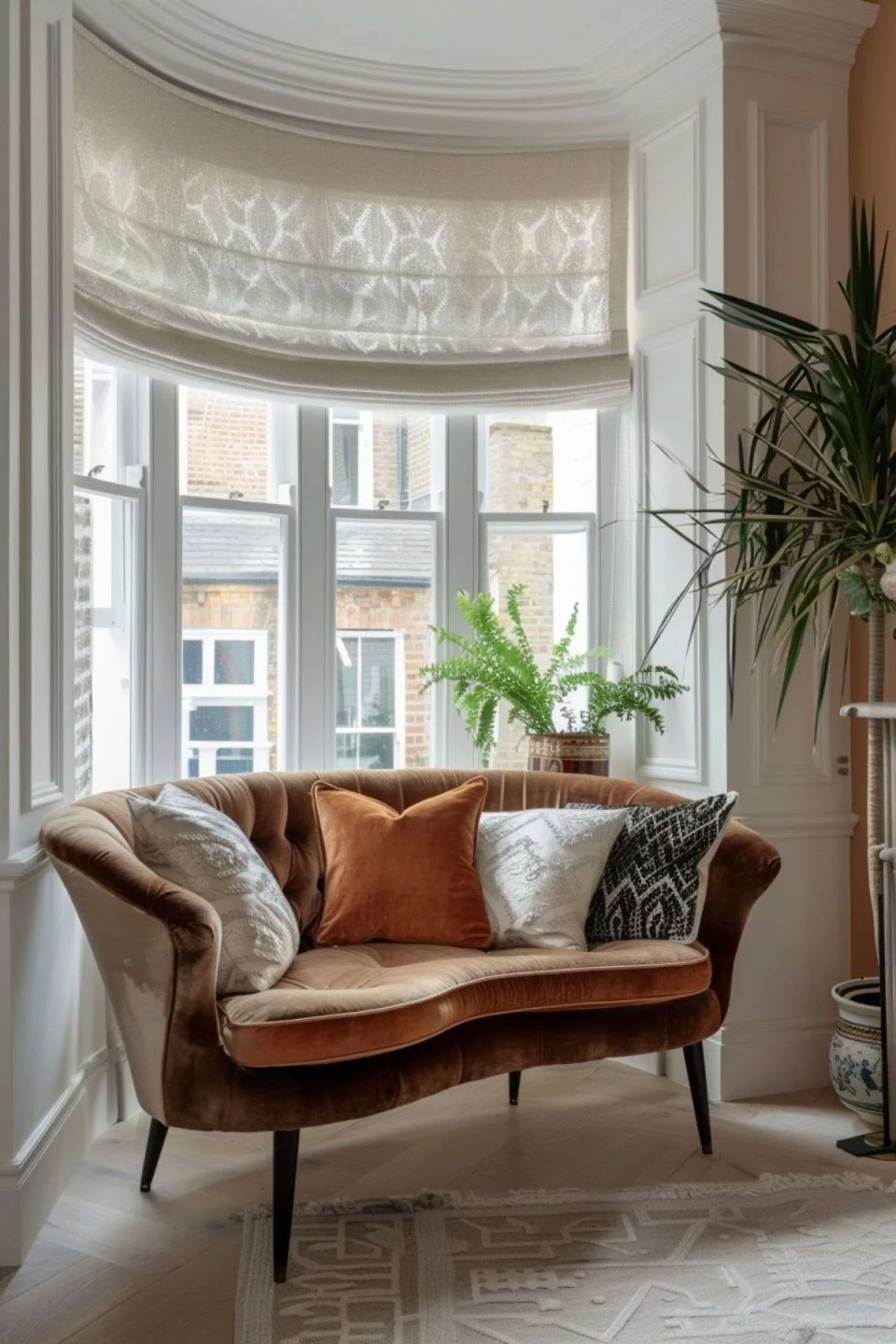 a small sofa in a bay window of a living room