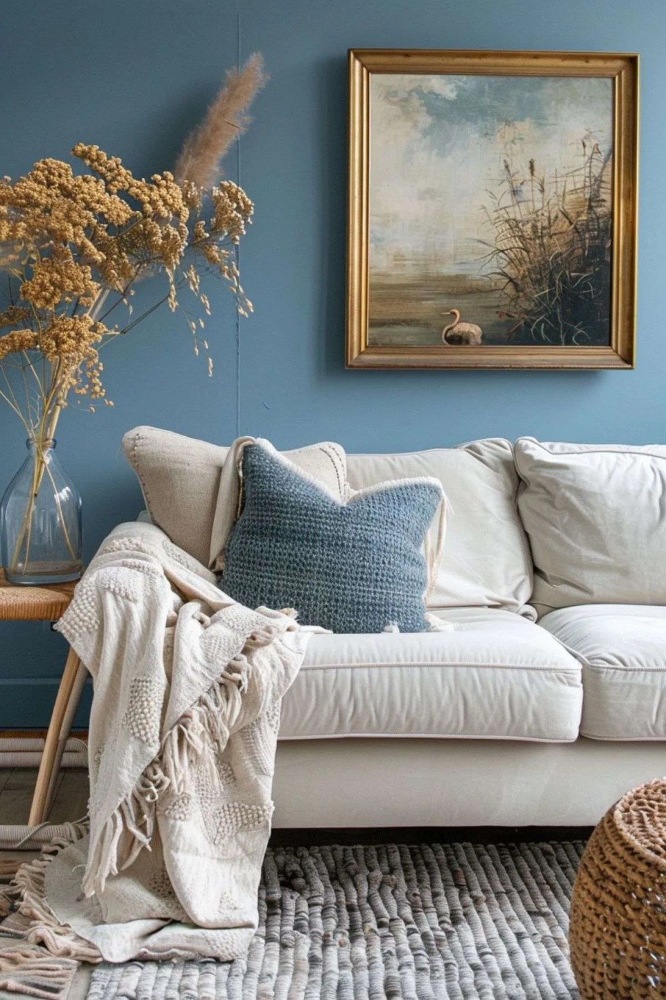 a cosy sofa in a blue living room