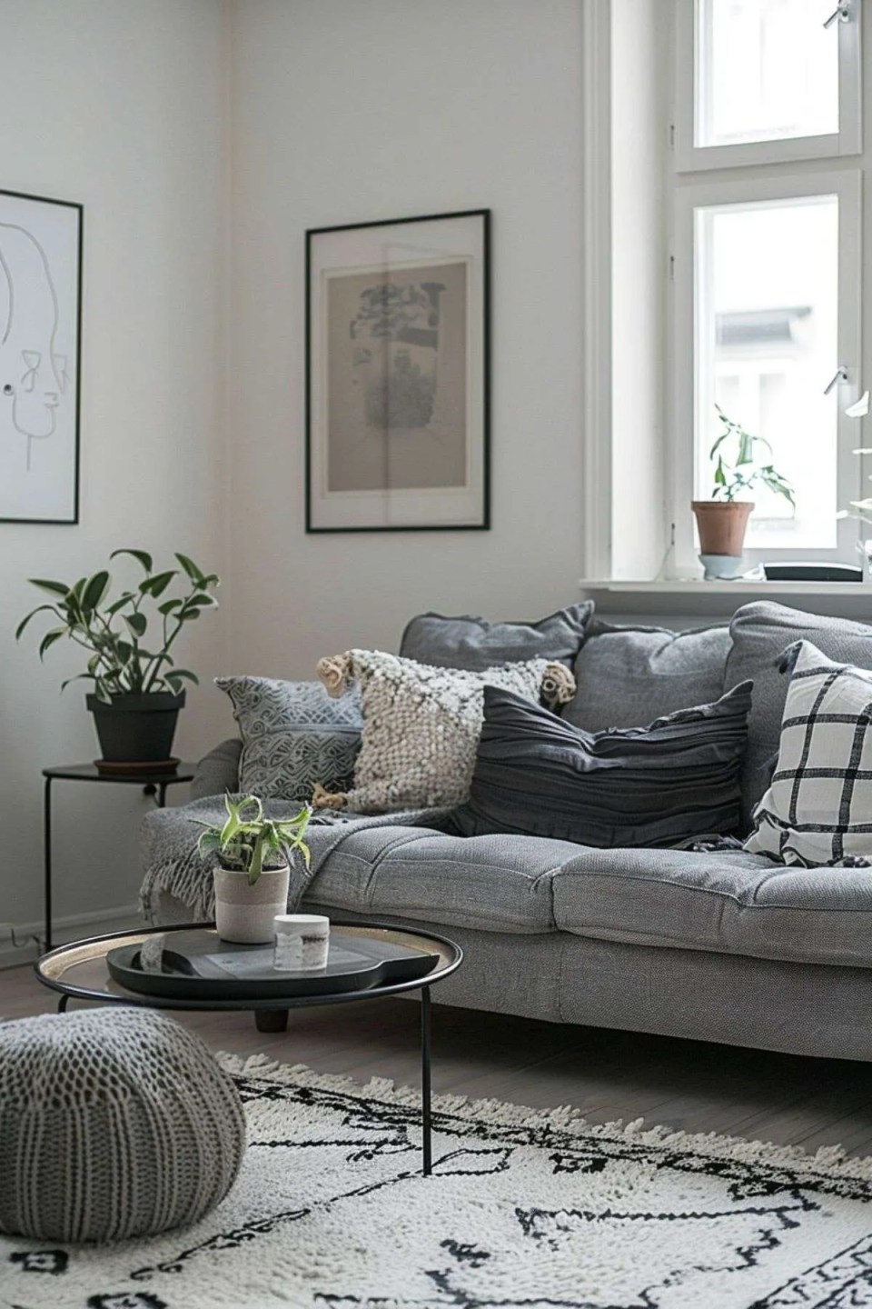 a grey sofa in a neutral living room