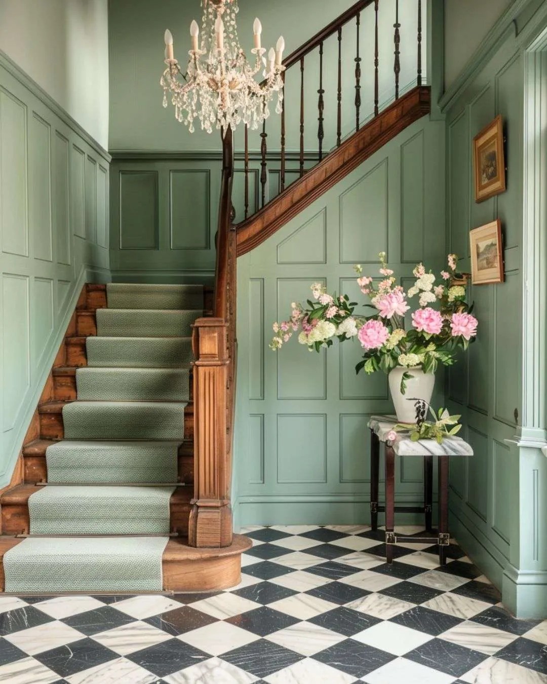 a sage green hallway with checked black and white flooring and a large vase of flowers
