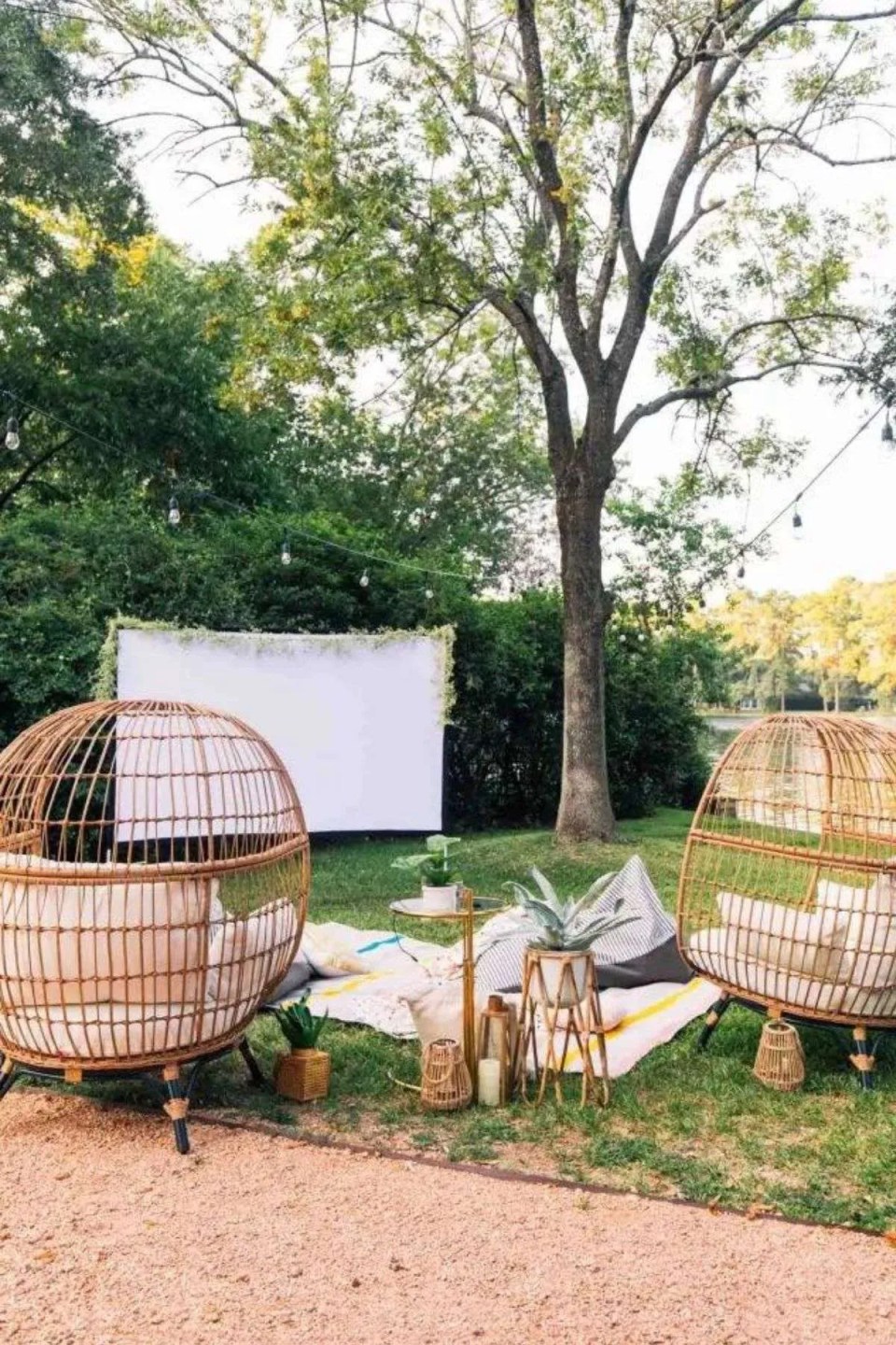 a backyard movie setup with trees and large rattan chairs