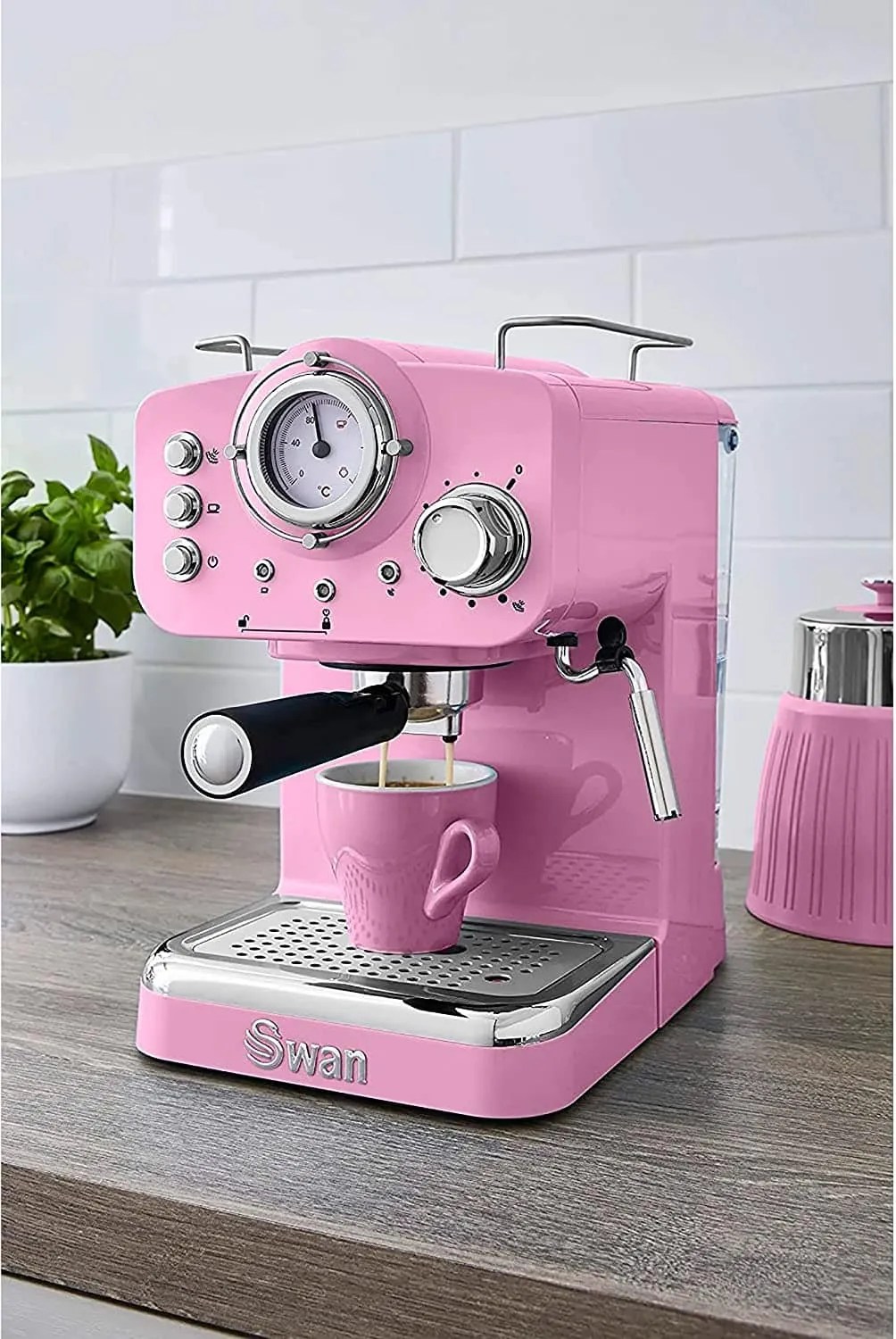bright pink Swan retro coffee pump espresso machine