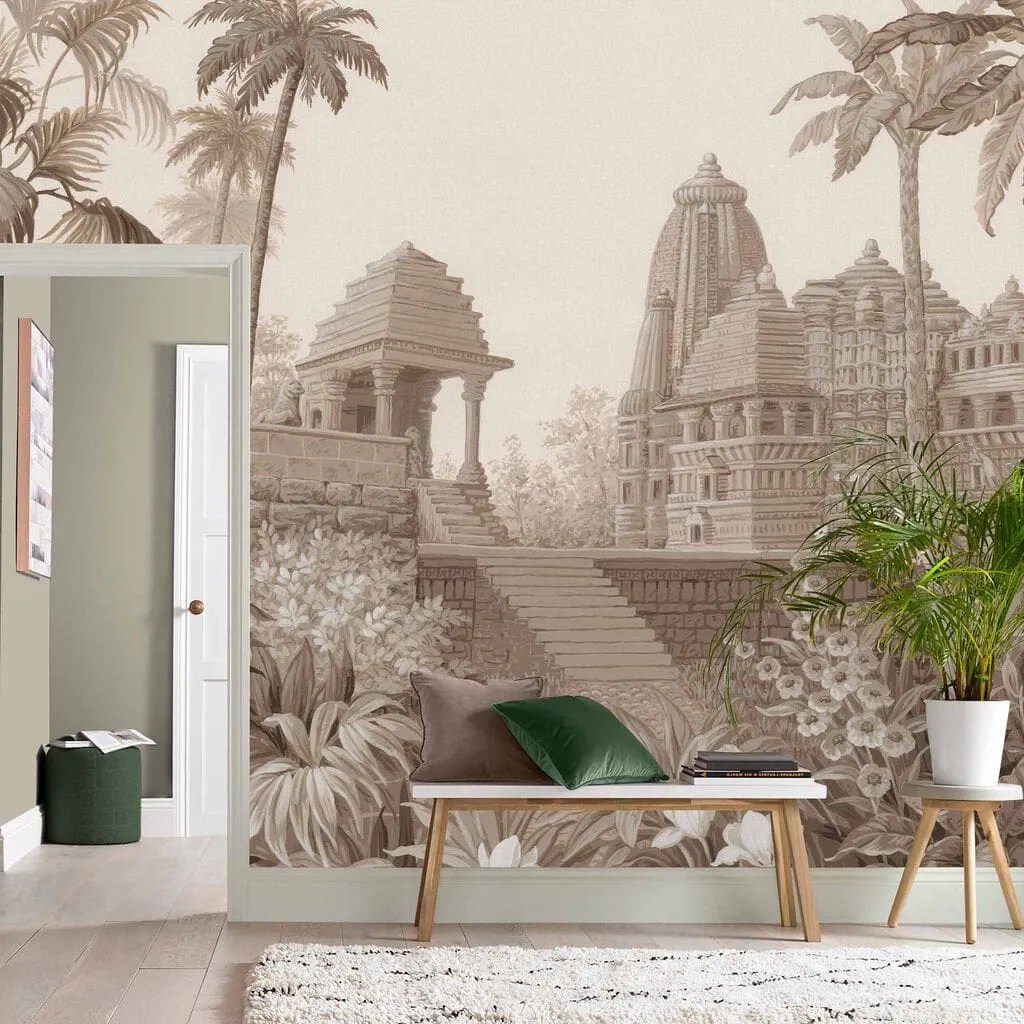 temple drawing on a wallpaper mural with palm trees