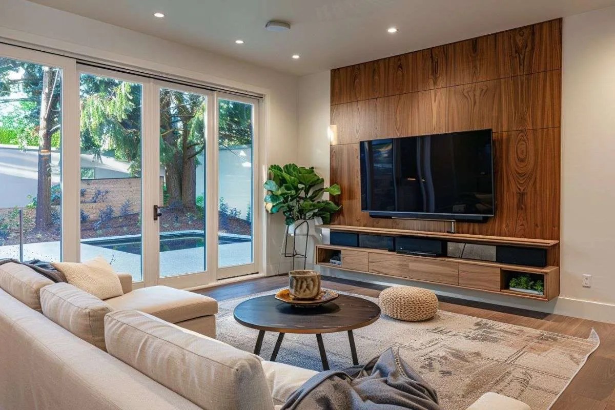 a neutral living room with wood paneling behind the tv