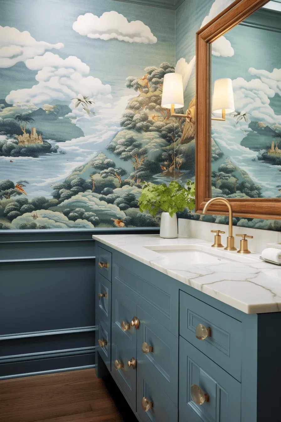 a bathroom with a sea inspired wallpaper theme with a blue sink vanity unit and marble sink