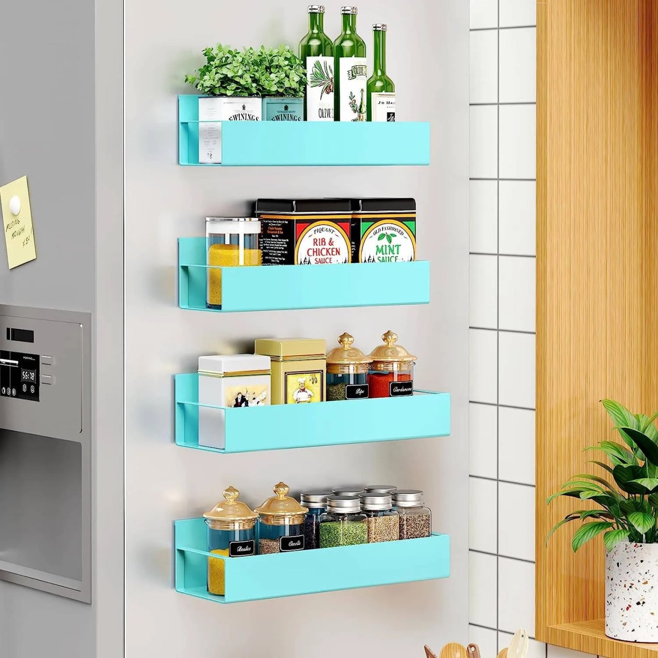 a magnetic blue shelf to hold spices