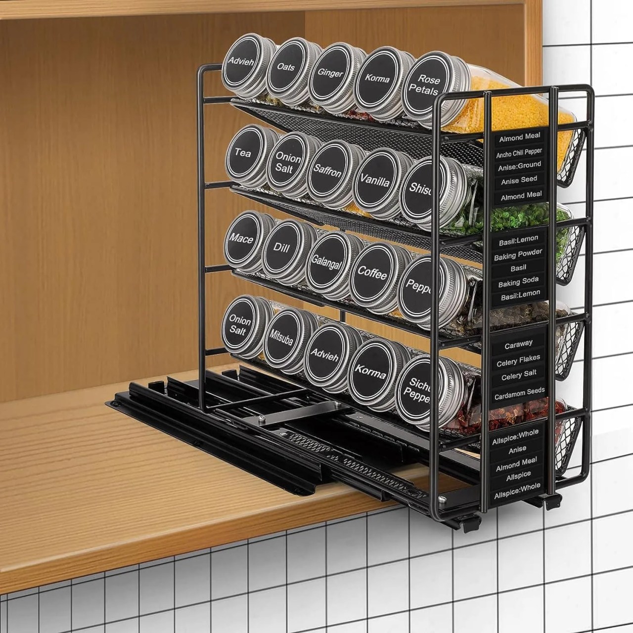 pull out spice rack with labels