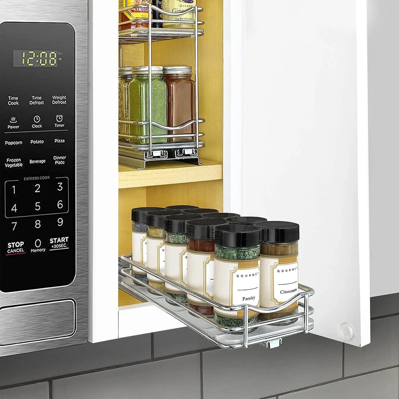 a vertical pull out shelf spice rack