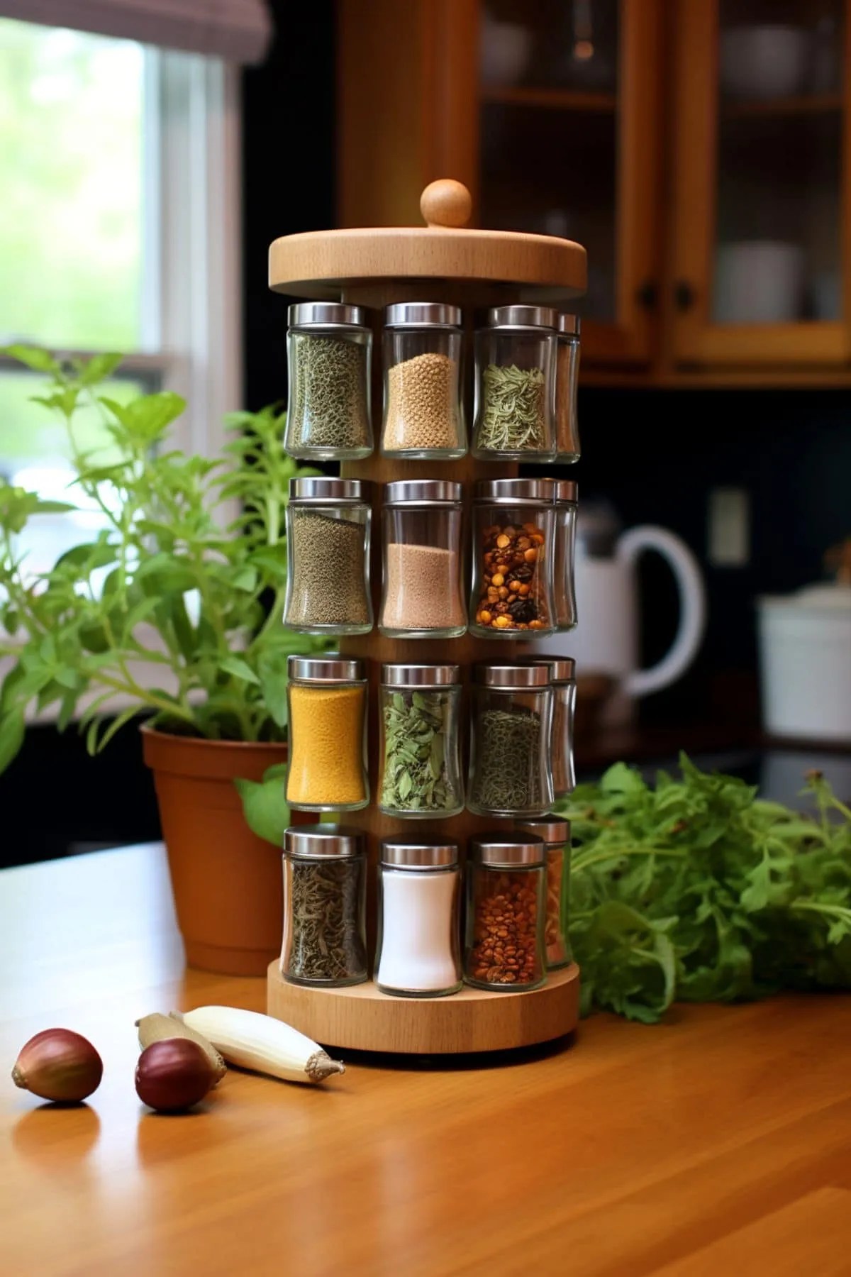 a vertical spice rack in a kitchen
