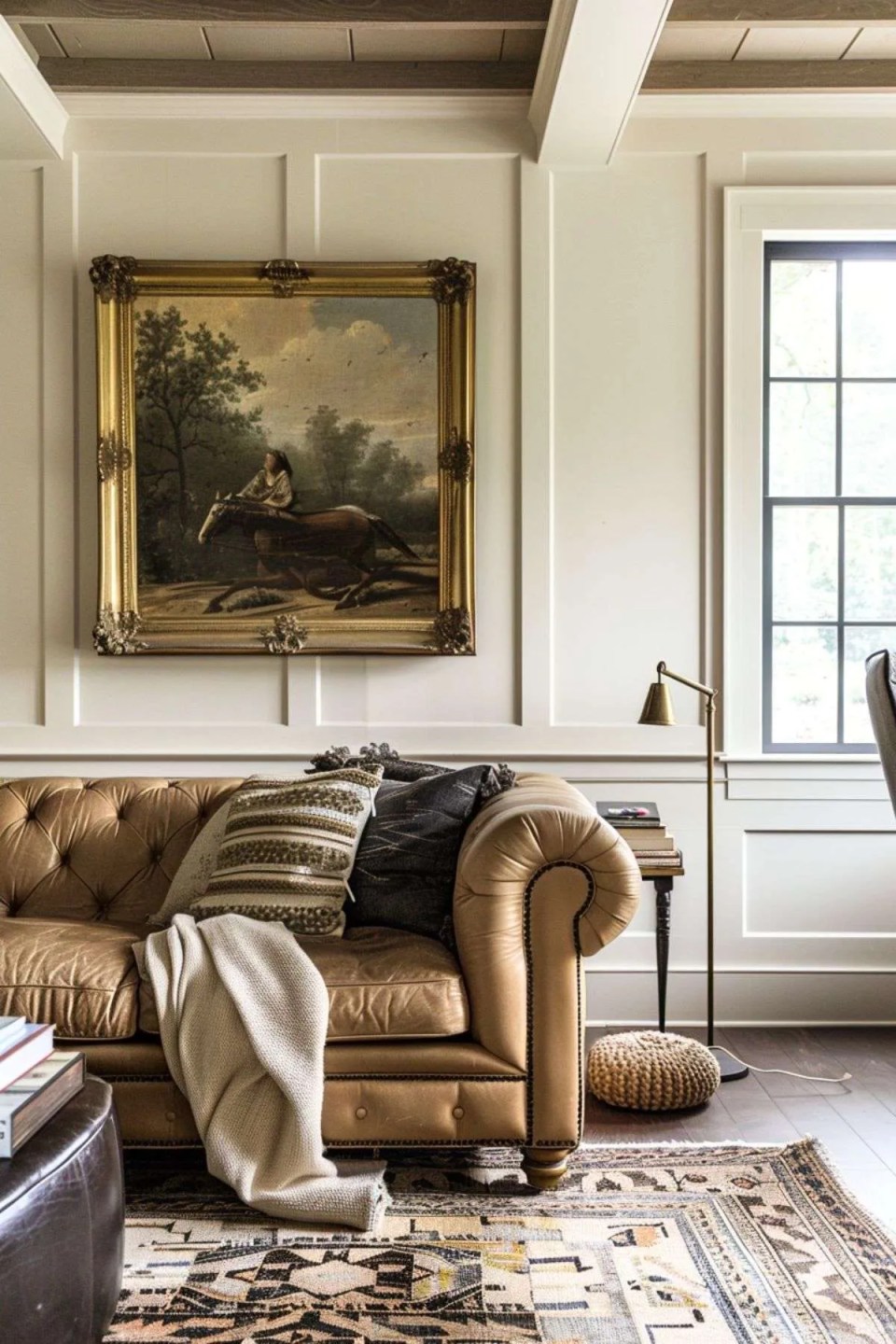 a leather chesterfield with vintage artwork framed in an ornate gold frame and wainscoting