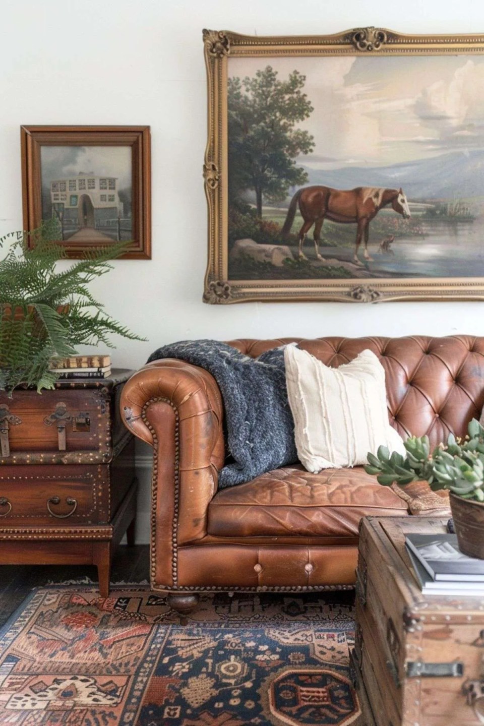 a leather chesterfield in a living room with vintage artwork and a persian rug