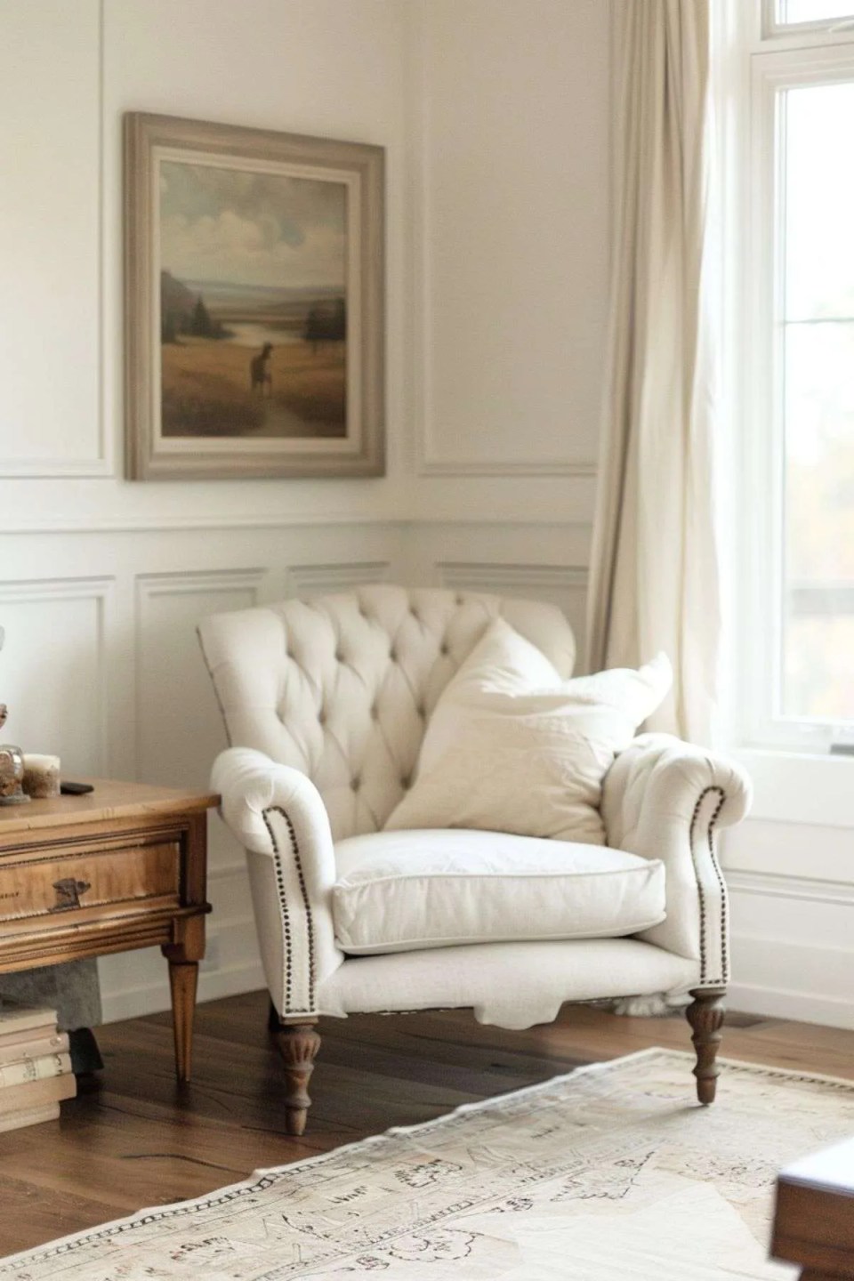 a white victorian era armchair in a neutral living room with vintage artwork