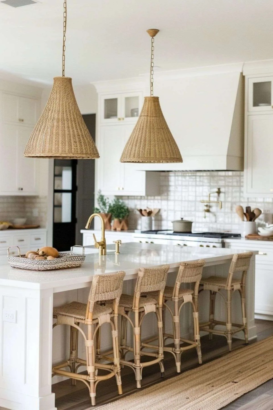 a vintage and neutral kitchen with rattan light shades and rattan bar stools