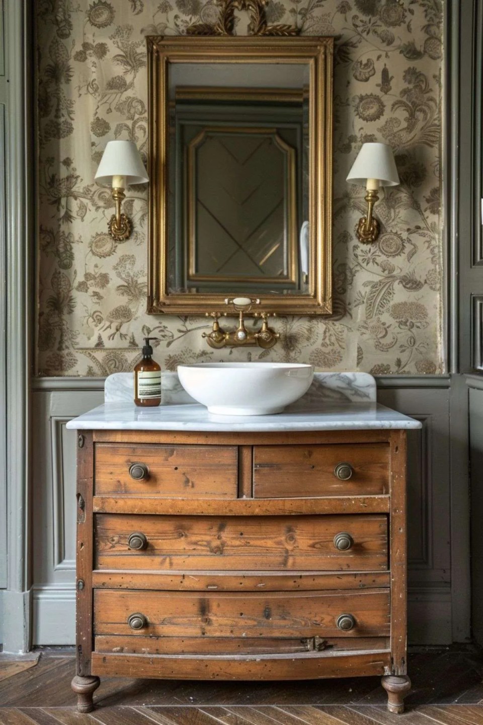 a rustic chest of drawers with a marble top and sink, vintage wallpaper and a gold ornate mirror