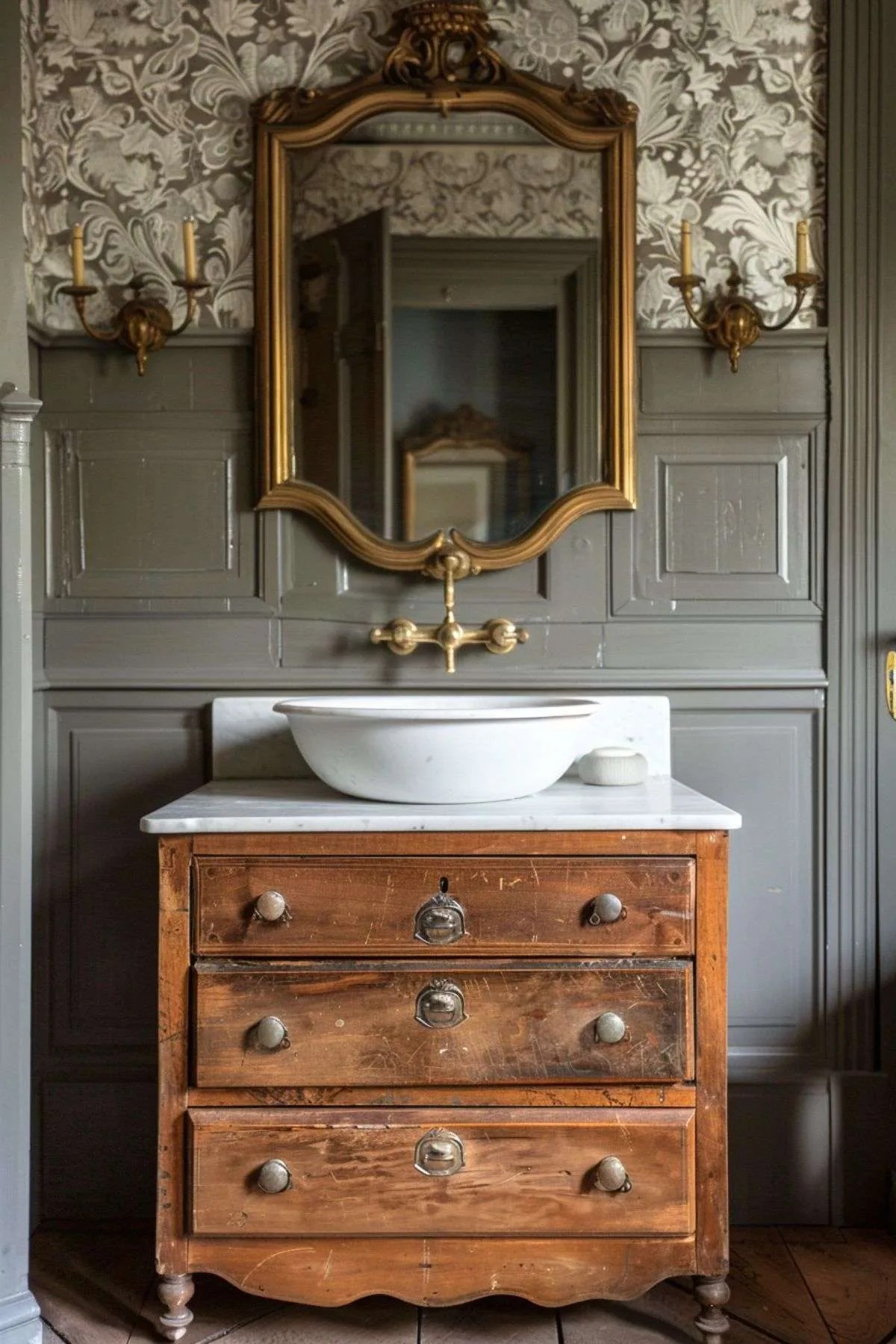 a dark grey bathroom with old dresser and sink on top