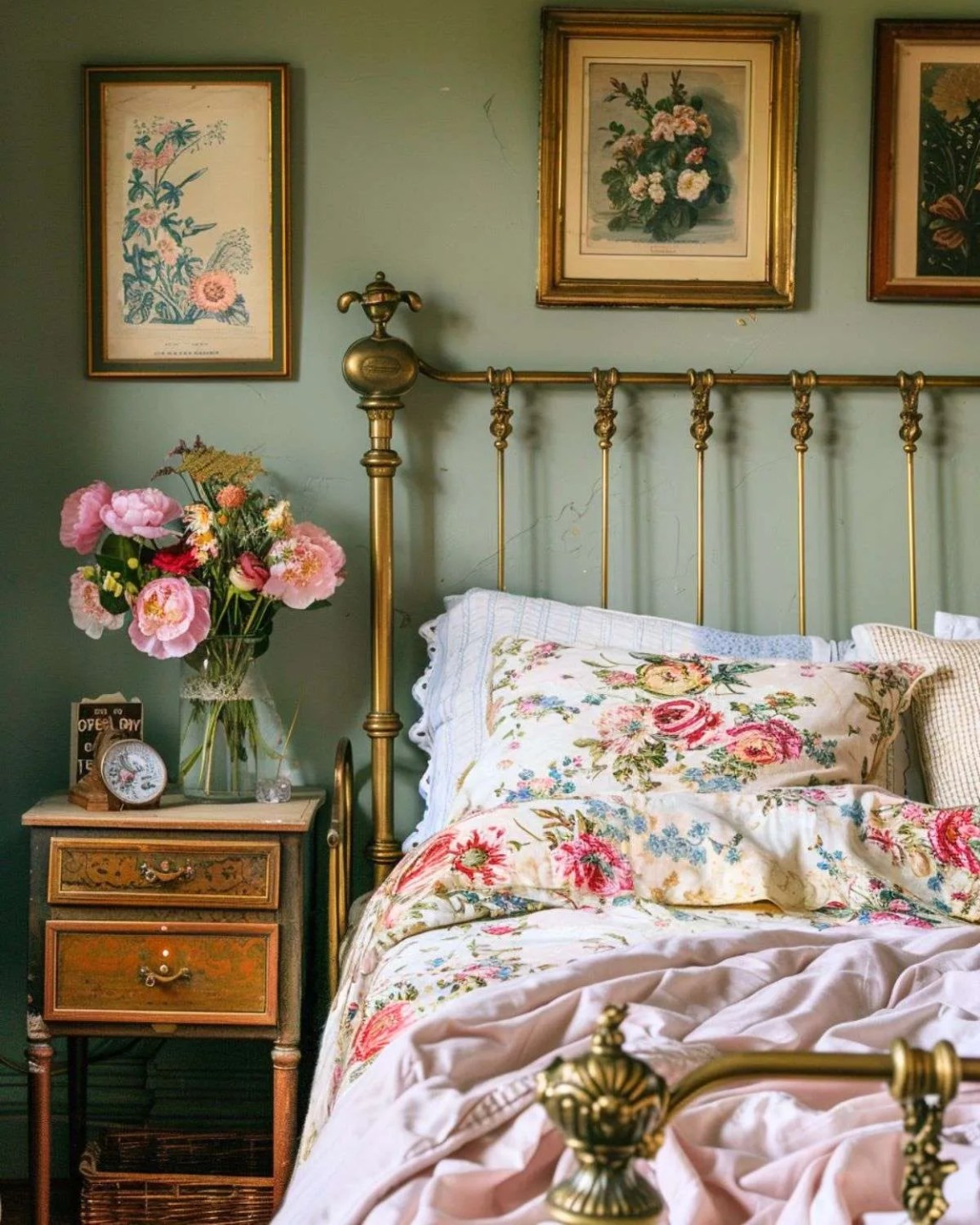 a sage green bedroom with wrought iron bed frame, vintage bedside table and floral bedding 